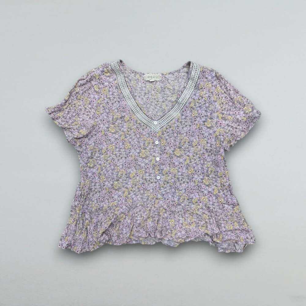 Purple Floral Crinkle Peplum Top Crochet V Neck Flutter Sleeve Women’s XL